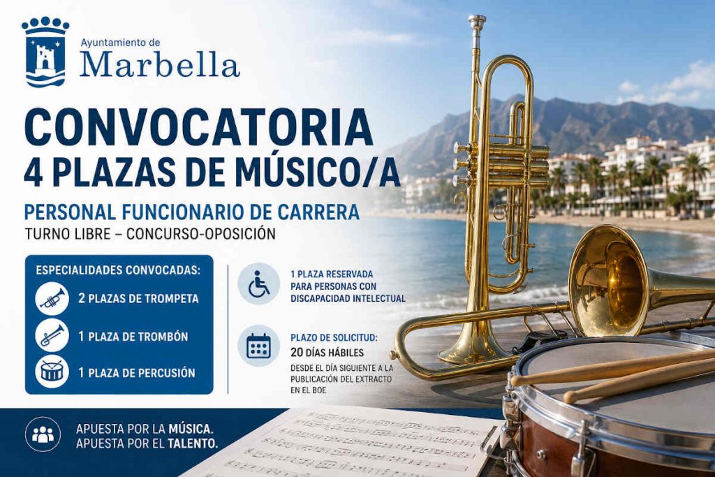 Marbella convoca 4 plazas de Músico/a como personal funcionario de carrera: trompeta, trombón y percusión