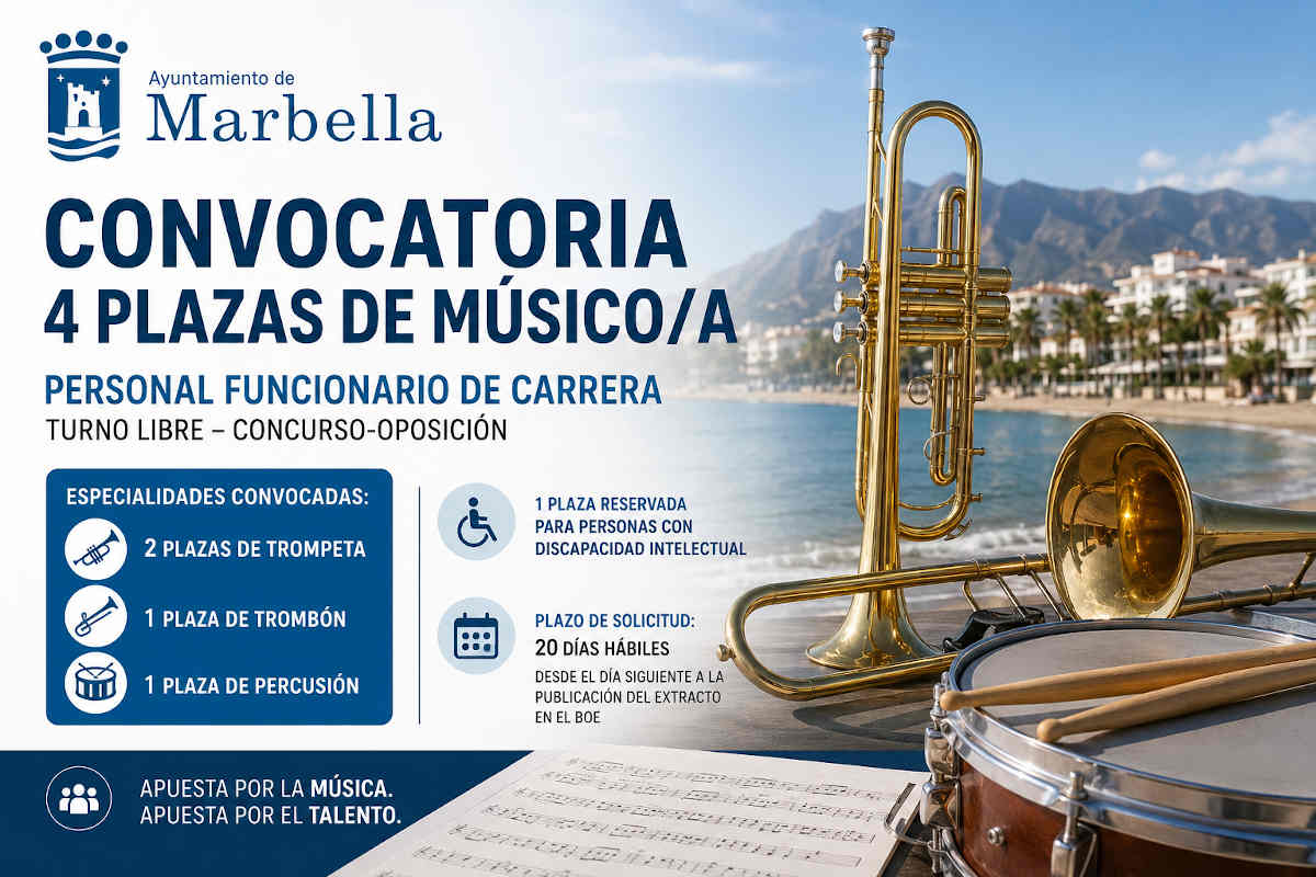 Marbella convoca 4 plazas de Músico/a como personal funcionario de carrera: trompeta, trombón y percusión